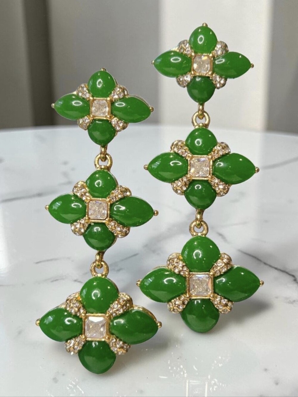 Exquisite 18k Gold Plated Emerald Glass Cabochon Zircon Crystal Dangle Earrings
